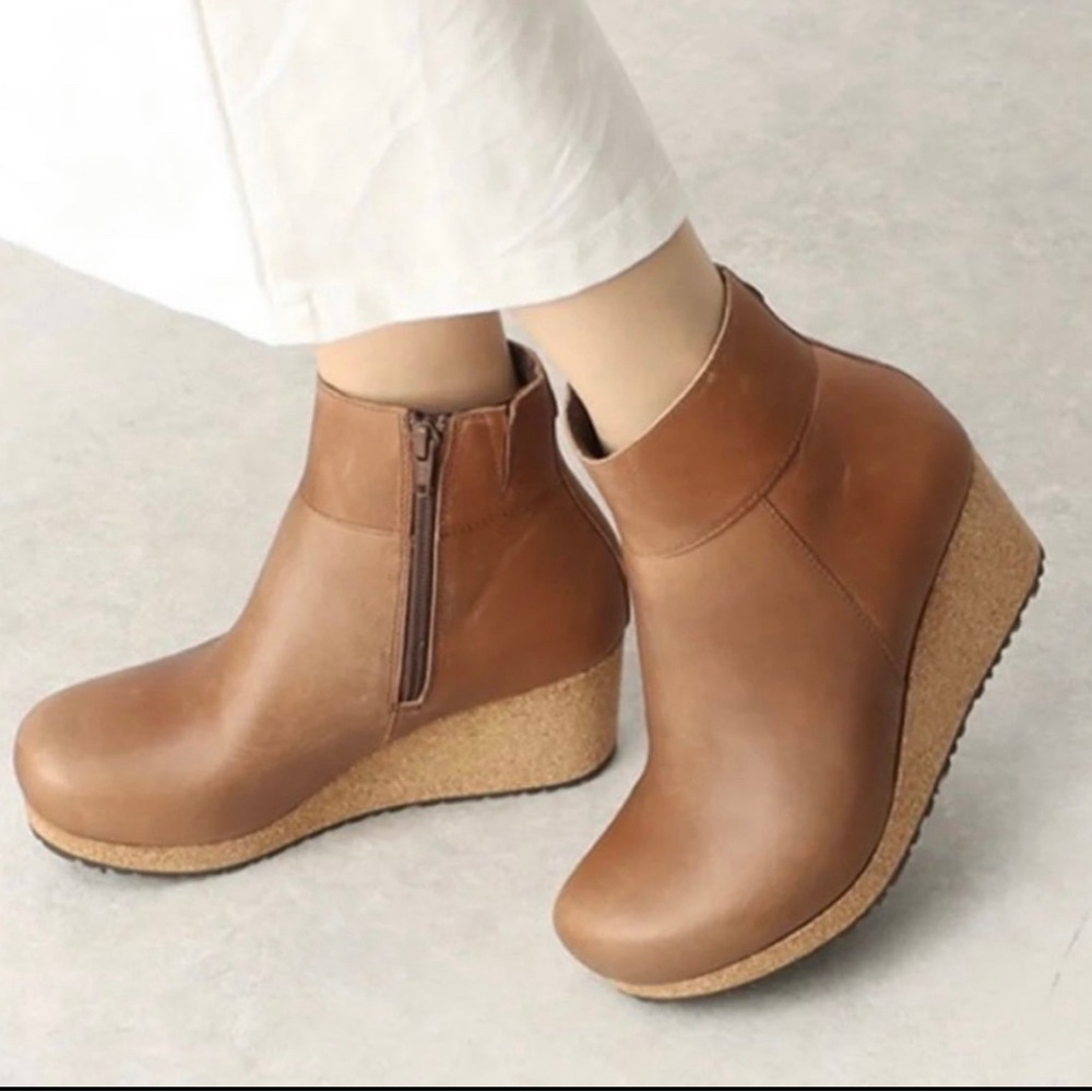 Birkenstock Papillio Ebba Brown Wedge Cork Ankle Boots Anthropologie Sz-36. C